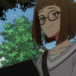 Sam sitting in a park with her laptop in Let’s Play