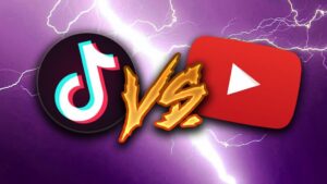 A photo of the TikTok and YouTube logos clashing with lightning in the background.