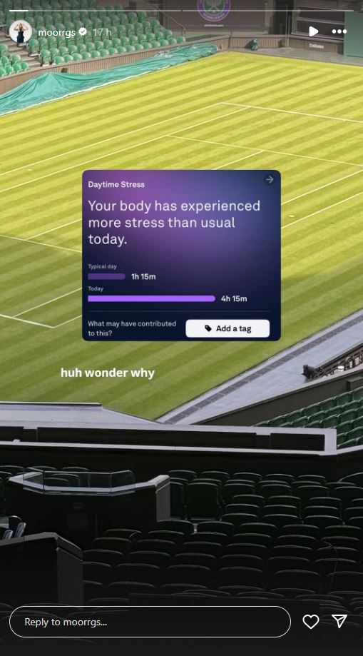 Screenshot of a phone showing a stress level tracker overlayed on an image of a tennis court.