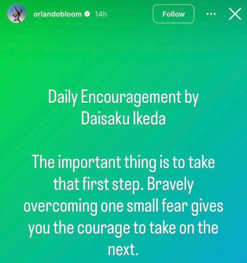 Orlando Bloom's Instagram post of a daily affirmation by Daisaku Ikeda.