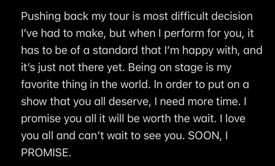 Ava Max's statement on postponing her tour.
