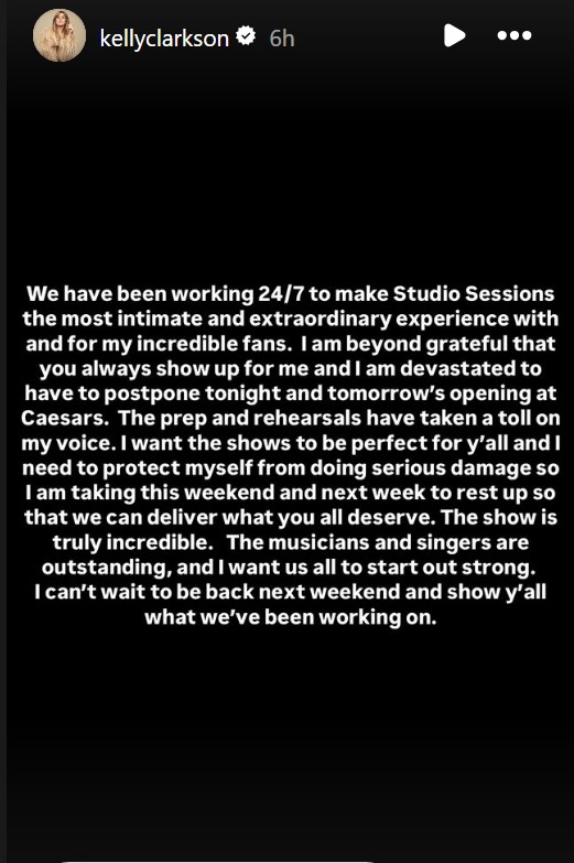 Kelly Clarkson's Instagram post announcing the postponement of her Vegas shows due to vocal issues.