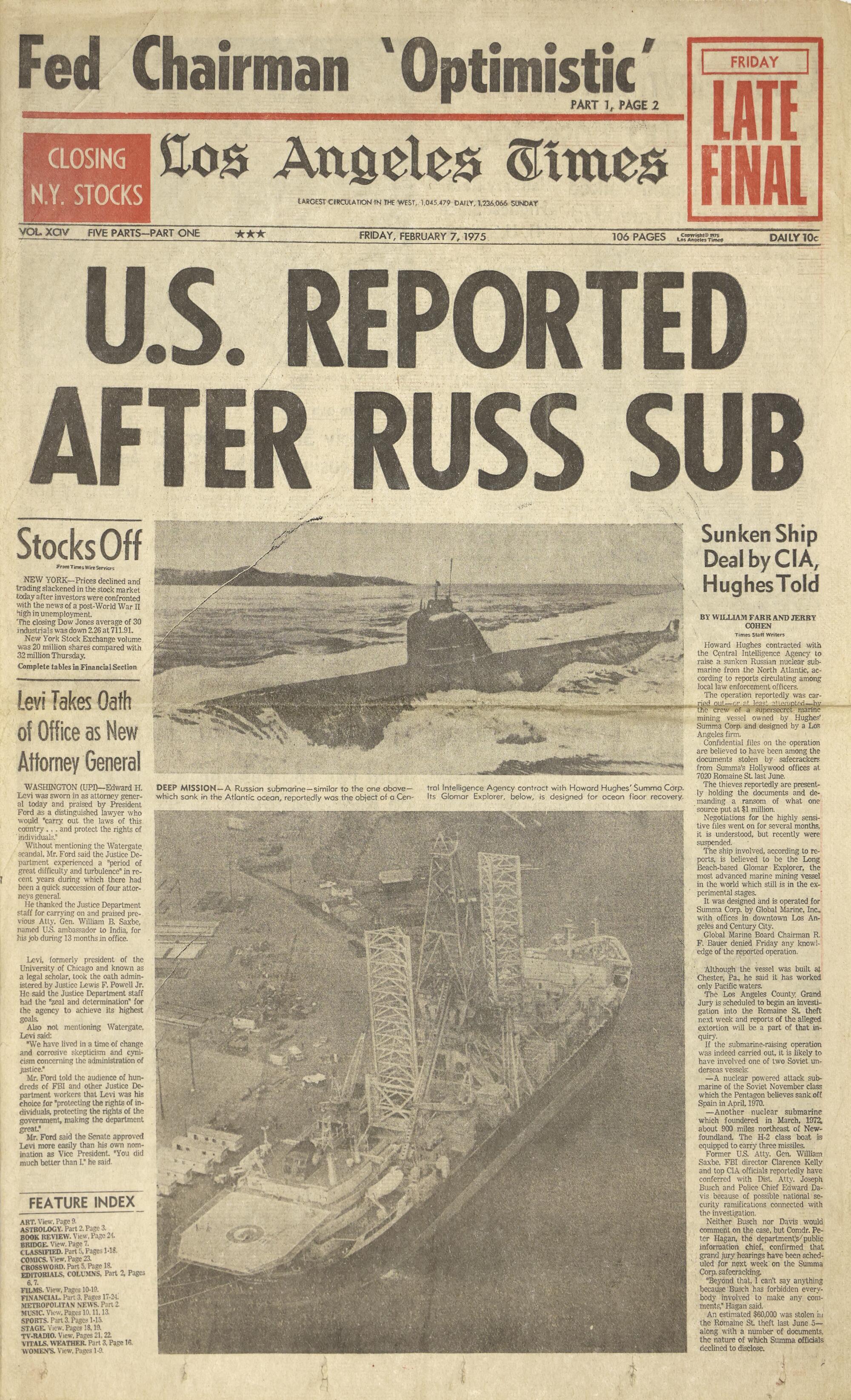 The front page of a February 1975 edition of the Los Angeles Times