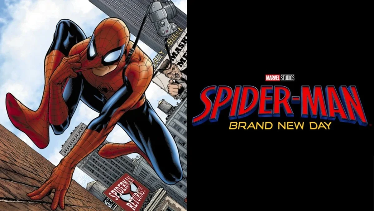 Comic book art by Steve McNiven for Spider-Man: Brand New Day (2007), and the title logo for Spider-Man: Brand New Day (2026).