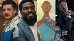 A four split image (left to right) Pedro Pascal as Reed Richards in a spacesuit, Yahya Abdul-Mateen II smiling in a cardigan, a Wakandan warrior woman in a blue shirt, and Robert Downey Jr in a chair doing the shush hand sign