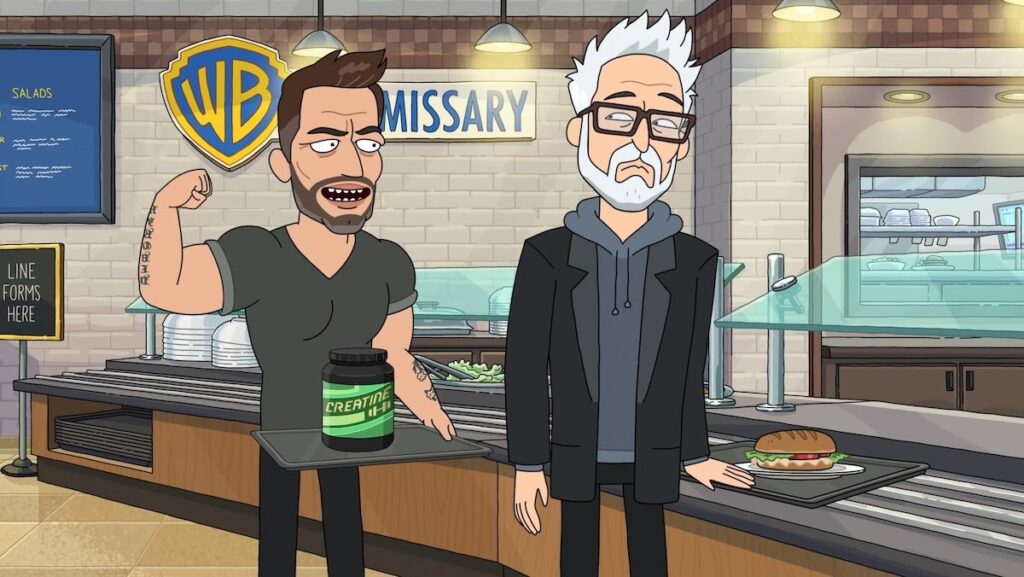 Zack Snyder flexes his muscles while speaking to James Gunn in the lunch line on Rick and Morty