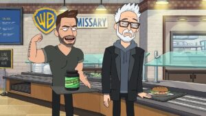 Zack Snyder flexes his muscles while speaking to James Gunn in the lunch line on Rick and Morty