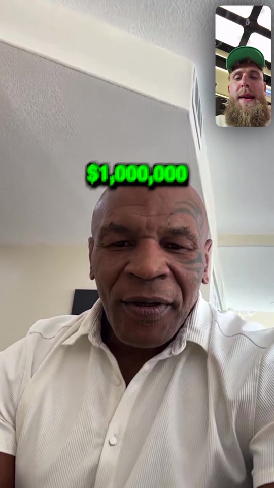 Mike Tyson and Jake Paul in a video call, agreeing to a $1,000,000 bet.