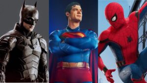 From left to right, Batman (Robert Pattinson), Superman (David Corenswet), and Spider-Man (Tom Holland).