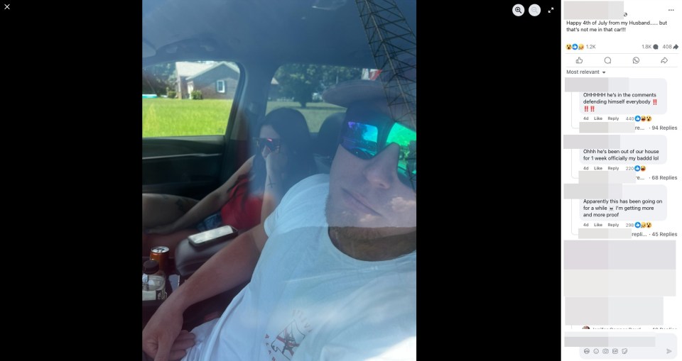 Screenshot of a Facebook post showing a couple in a car, with comments alleging infidelity.