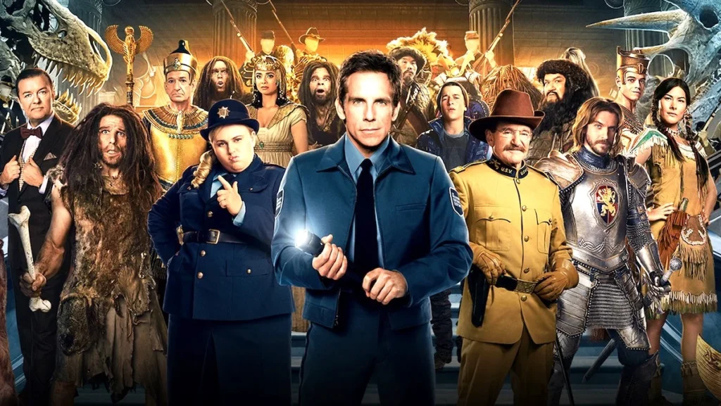 A character poster with Ben Stiller in the center holding a flashlight for Night at the Museum: Secrets of the Tomb