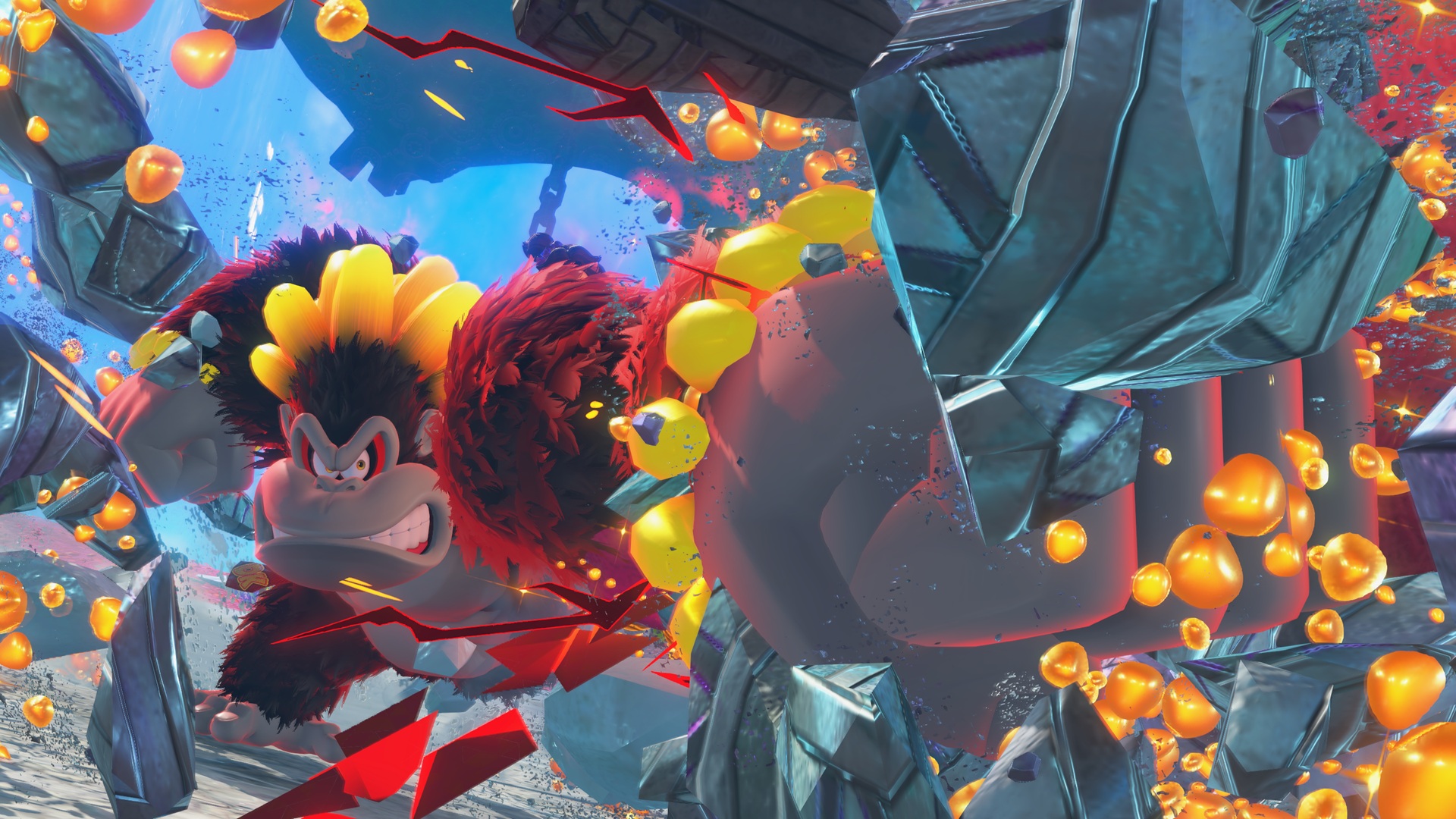 Screenshot from Donkey Kong Bananza featuring a close up shot of a transformed Donkey Kong punching through concrete.
