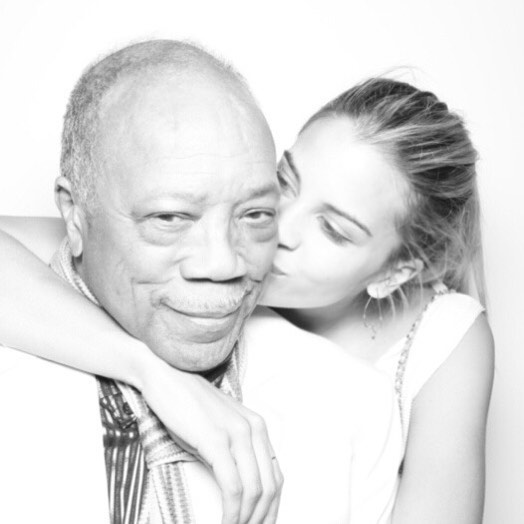 Black and white photo of Quincy Jones and his daughter Kenya Kinski-Jones.