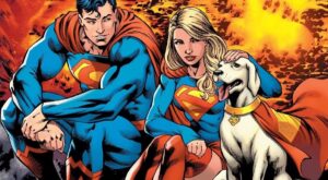 Superman and Supergirl with their pet dog Krypto.