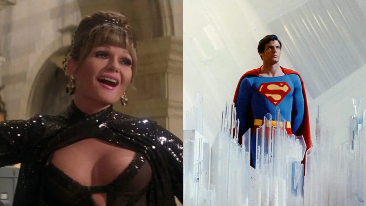 (Left) Miss Teschmacher in Superman: The Movie (Right) Kal-El in the Fortress in Superman: The Movie.