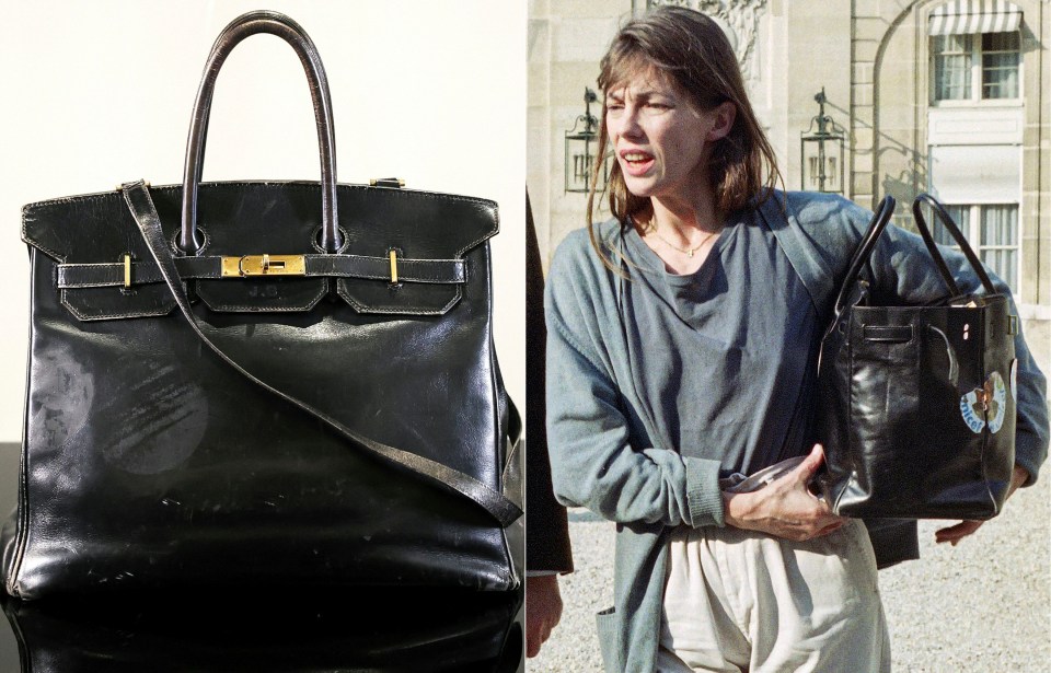 Jane Birkin's Hermès Birkin bag, alongside a photo of her carrying a similar bag.