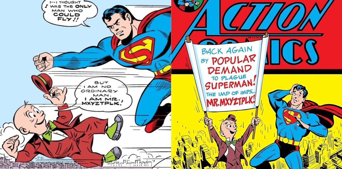 Superman meets Mr. Mxyzptlk in the Golden Age of Comics.