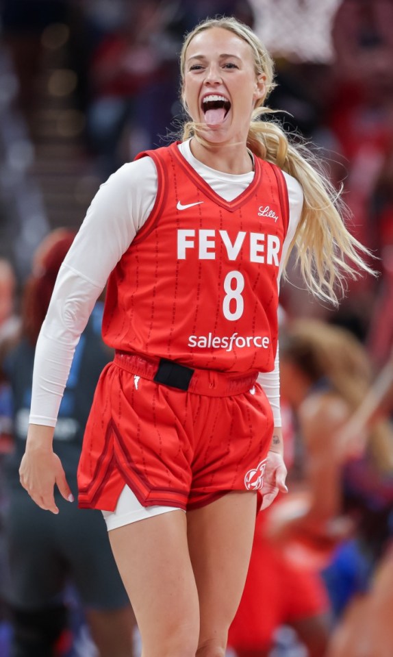 INDIANAPOLIS, INDIANA - JULY 11: Sophie Cunningham #8 of the Indiana Fever reacts during the second half against the Atlanta Dream at Gainbridge Fieldhouse on July 11, 2025 in Indianapolis, Indiana. NOTE TO USER: User expressly acknowledges and agrees that, by downloading and or using this photograph, User is consenting to the terms and conditions of the Getty Images License Agreement. (Photo by Michael Hickey/Getty Images)