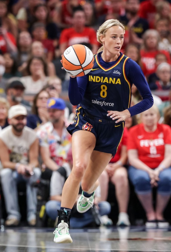 INDIANAPOLIS, INDIANA - JULY 13: Sophie Cunningham #8 of the Indiana Fever brings the ball up court during the first half against the Dallas Wings at Gainbridge Fieldhouse on July 13, 2025 in Indianapolis, Indiana. NOTE TO USER: User expressly acknowledges and agrees that, by downloading and or using this photograph, User is consenting to the terms and conditions of the Getty Images License Agreement. (Photo by Michael Hickey/Getty Images)
