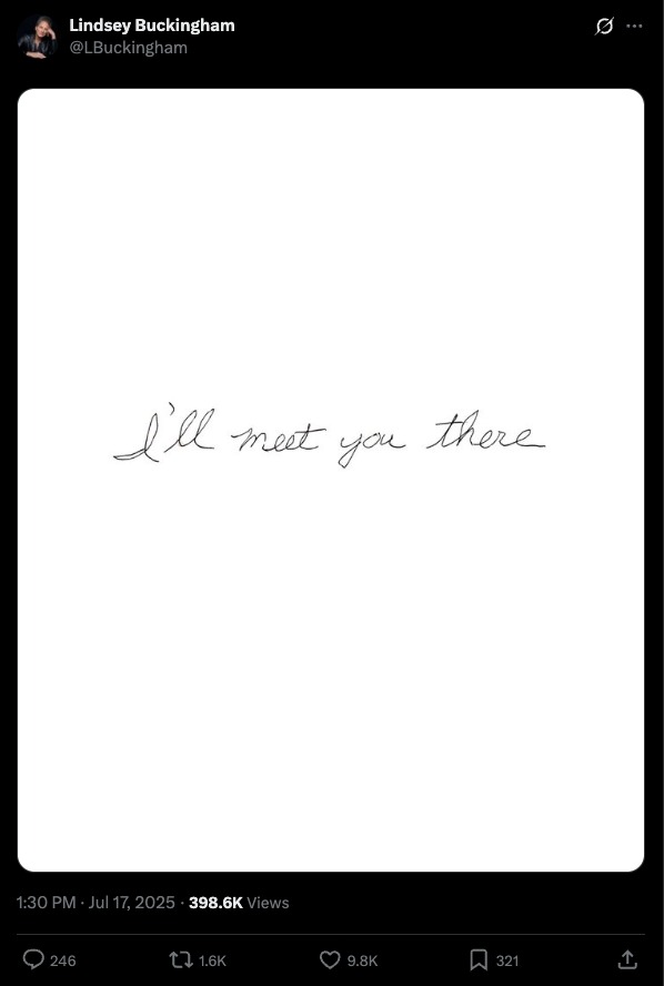Screenshot of Lindsey Buckingham's tweet: "I'll meet you there."