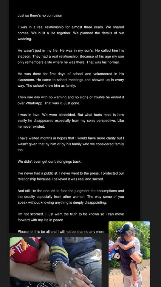 Instagram post detailing a woman's experience of being ghosted by her partner, including photos of them together and with her son.