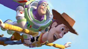 Buzz holds a happy Woody while flying in Toy Story