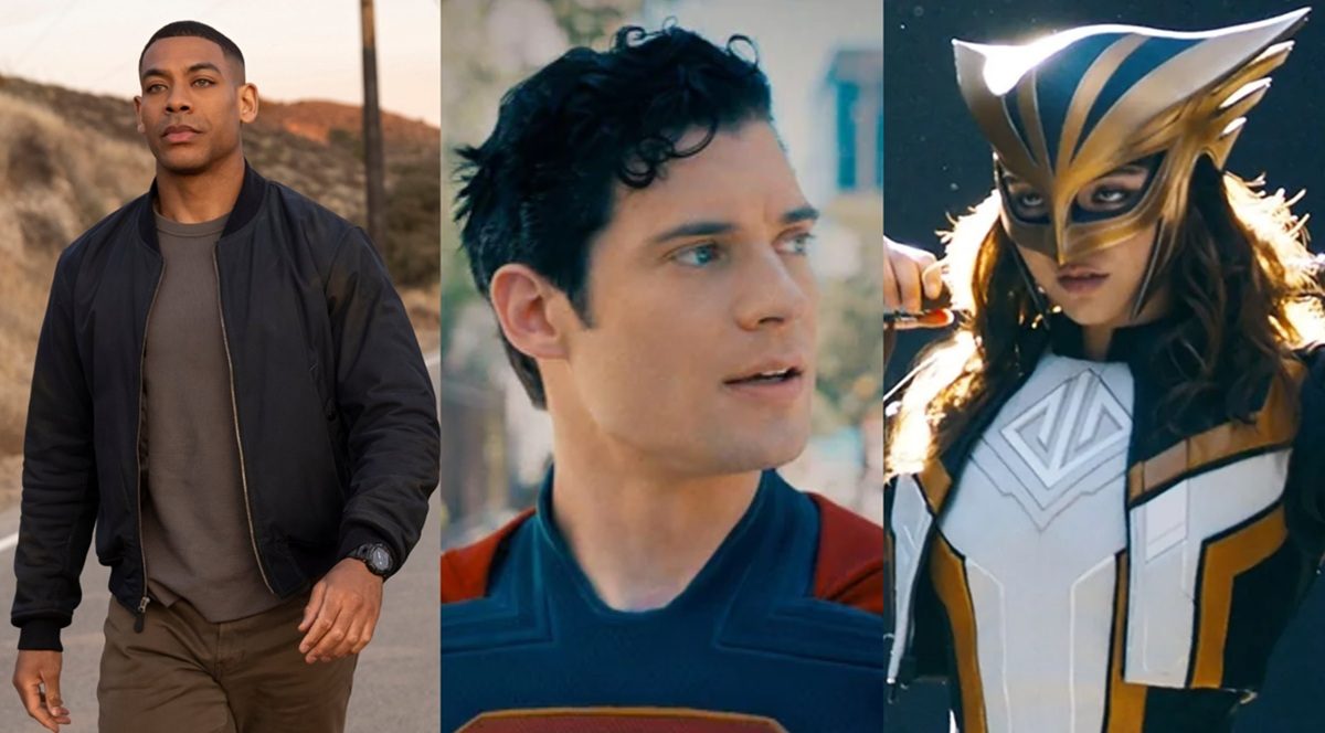 Da esquerda para a direita: Aaron Pierre como lanterna verde, David Corenswet como Superman e Isabela Merced como Hawkgirl.