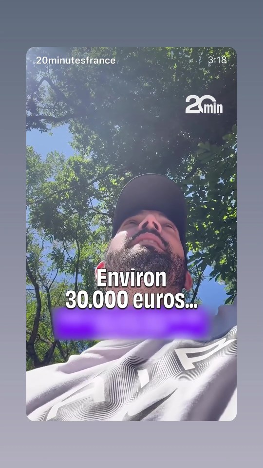 Man looking up, text overlay: "Environ 30.000 euros..."