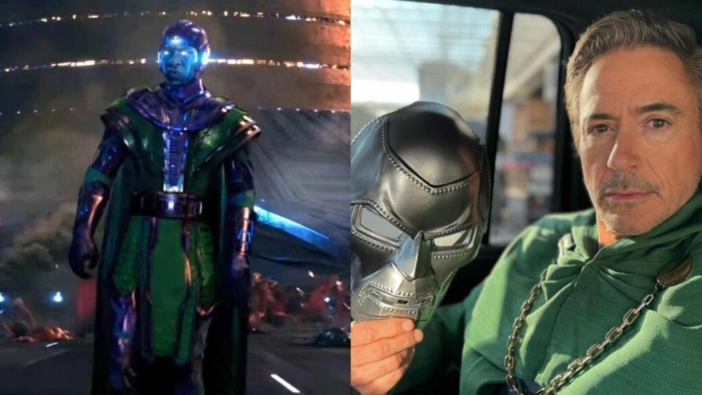 (Left) Jonathan Majors as Kang in the MCU (Right) Robert Downey Jr. holding the mask of Doctor Doom.
