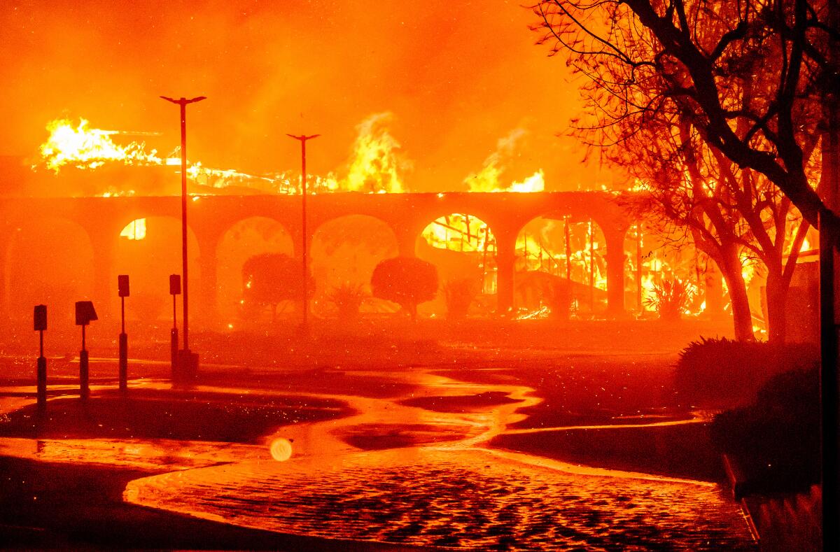 The Pasadena Jewish Temple & Center burns during the Eaton fire in Pasadena, California on January 7, 2025. 
