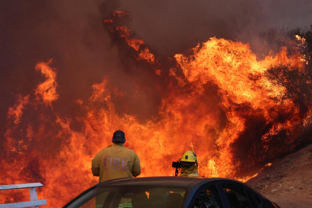The Palisades fire in Pacific Palisades quickly consumed more than 1,200 acres on Tuesday, Jan. 7.
