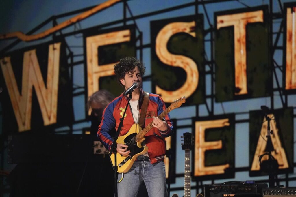 Taylor Goldsmith of Dawes performs during the FireAid benefit concert.
