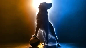 A golden retriever with a paw on a basketball with orange and blue lights behind him in a poster for Air Bud Returns