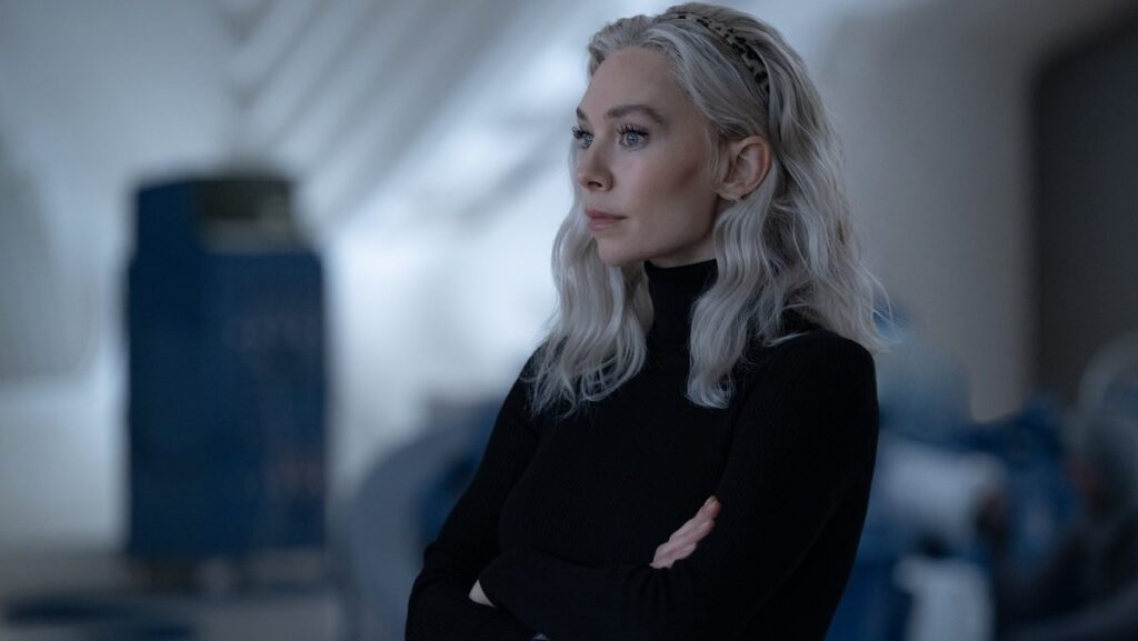 Sue Storm (Vanessa Kirby) looks pensive in The Fantastic Four: First Steps