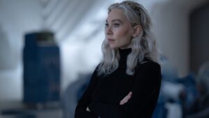 Sue Storm (Vanessa Kirby) looks pensive in The Fantastic Four: First Steps