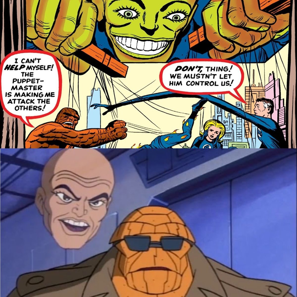 The Puppet Master fights the Fantastic Four in comics and in animation.
