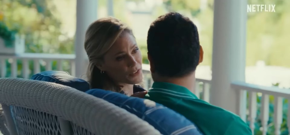Screenshot from Happy Gilmore 2 showing a woman talking to a man on a porch.