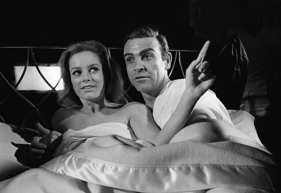 Sean Connery and Luciana Paluzzi in a Thunderball filming still.