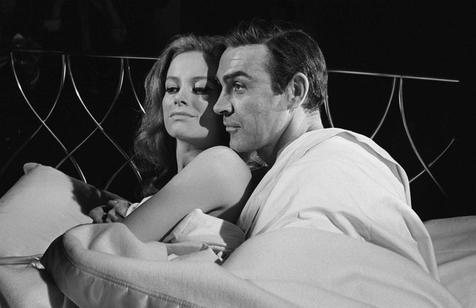 Sean Connery and Luciana Paluzzi in a Thunderball filming still.
