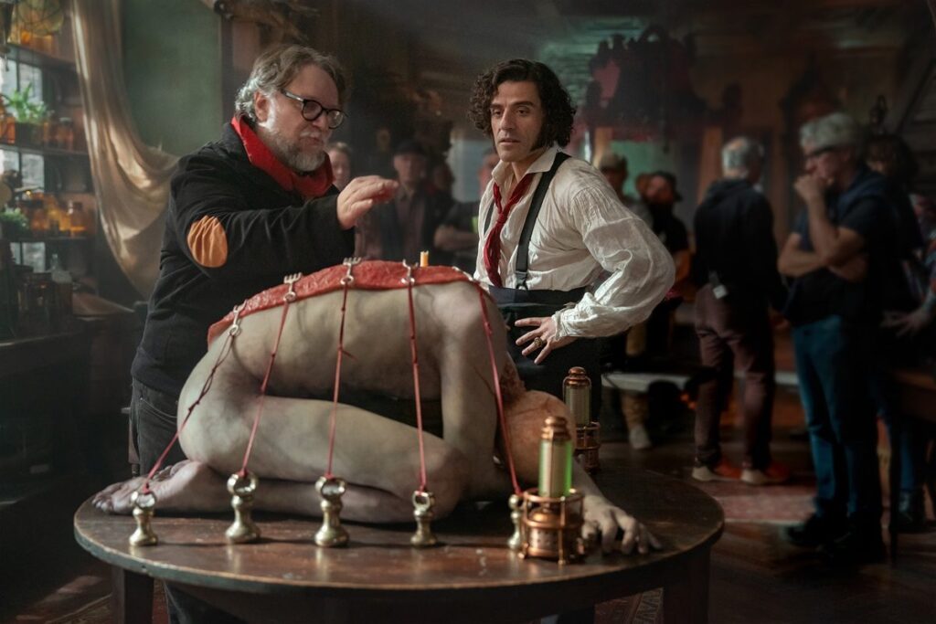 Guillermo del Toro directs Oscar Isaac in Frankenstein.
