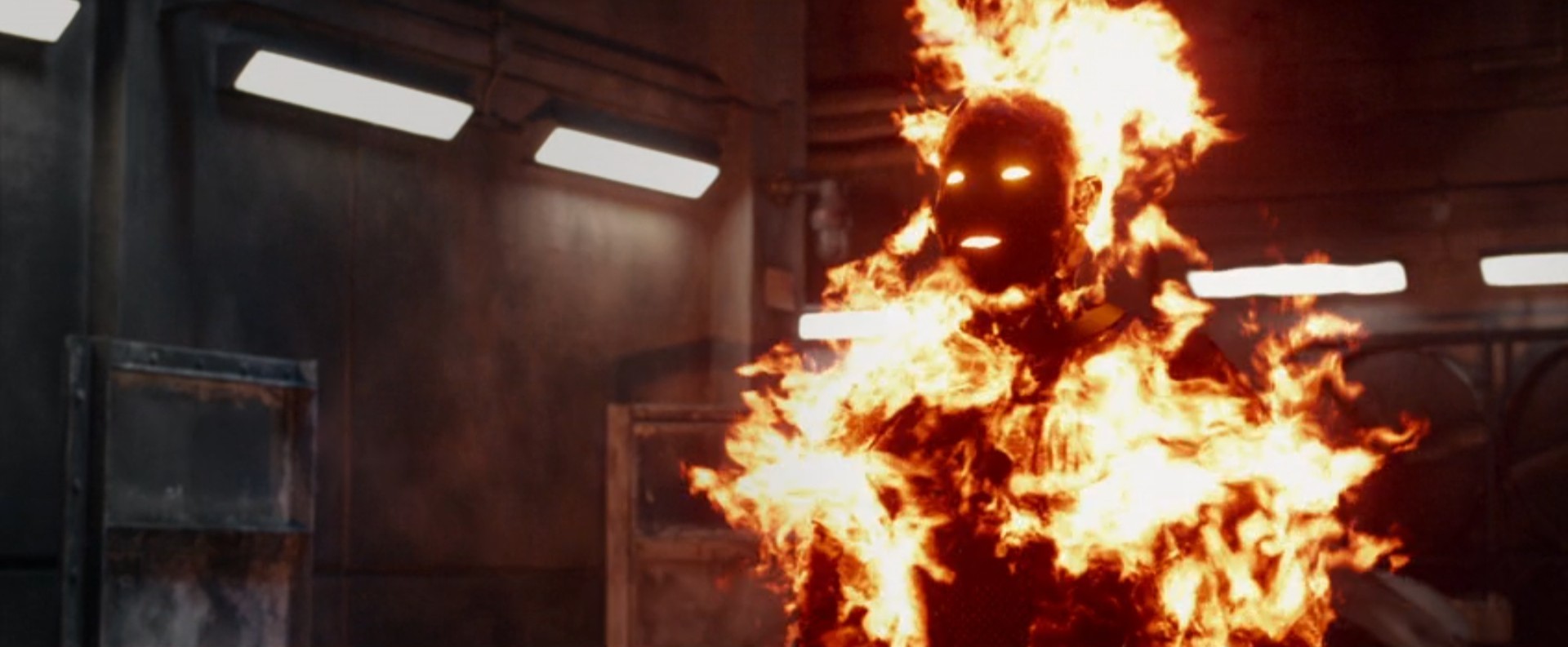 The Human Torch, played in the flesh by Michael B. Jordan, lights himself on fire in a scene from the 2015 Fantastic Four. 
