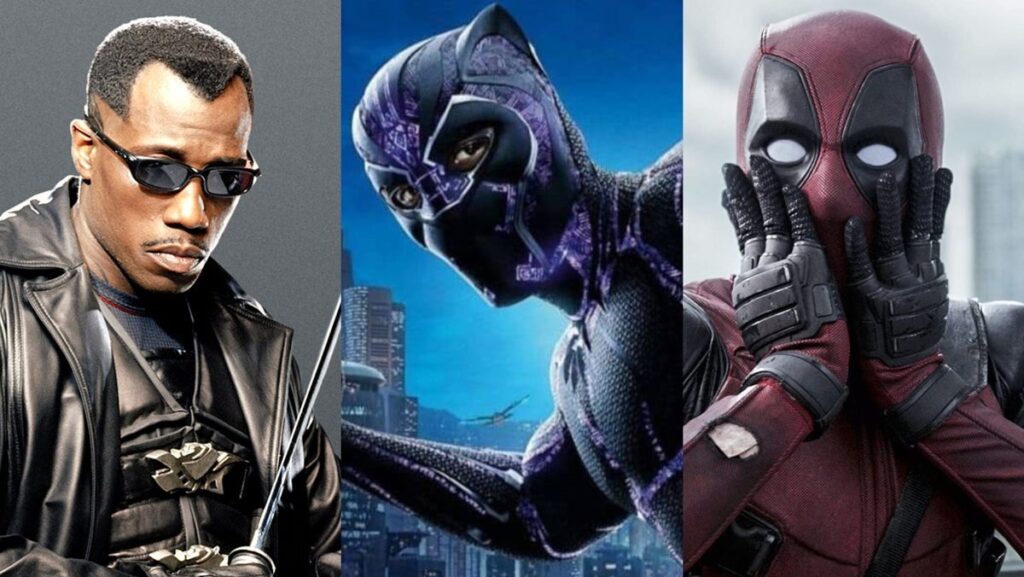 From Left to Right: Wesley Snipes as Blade, Chadwick Boseman as Black Panther, and Ryan Reynolds as Deadpool.