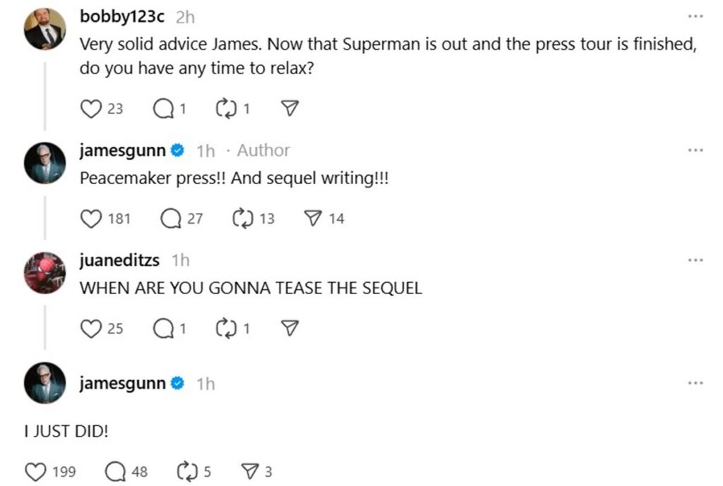 James Gunn responds to a fan question on Threads.