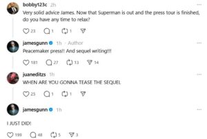 James Gunn responds to a fan question on Threads.