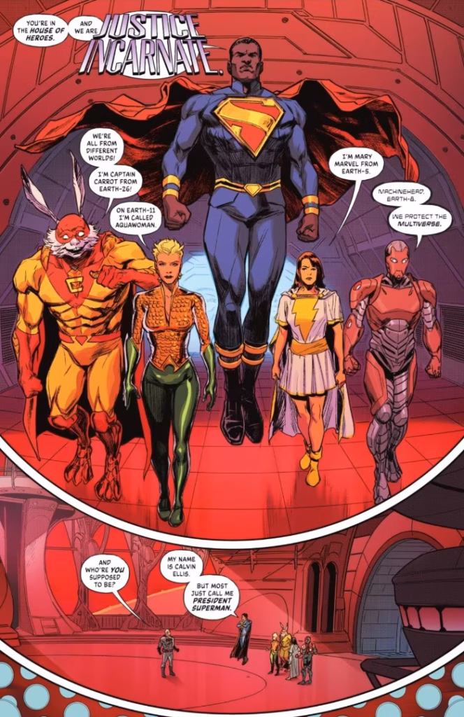 A frame of Justice Incarnate featuring a Black Superman