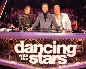 Carrie Ann Inaba, Derek Hough, and Bruno Tonioli at the judges' table on Dancing with the Stars.