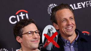 Seth Meyers, his dog, and Andy Samberg