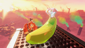 An image showing Donkey Kong salivating over a banandium gem while Pauline rides on his back.