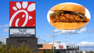 chick-fil-a chicken sandwich next to sign