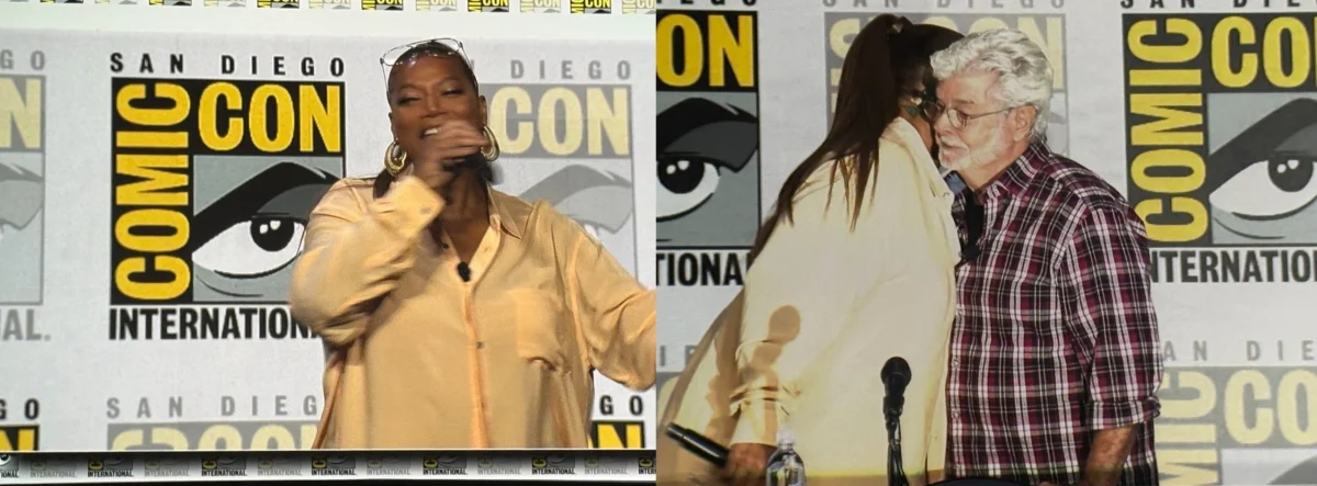 La reina Latifah saluda a George Lucas cuando entra en el Hall H en San Diego Comic-Con 2025.